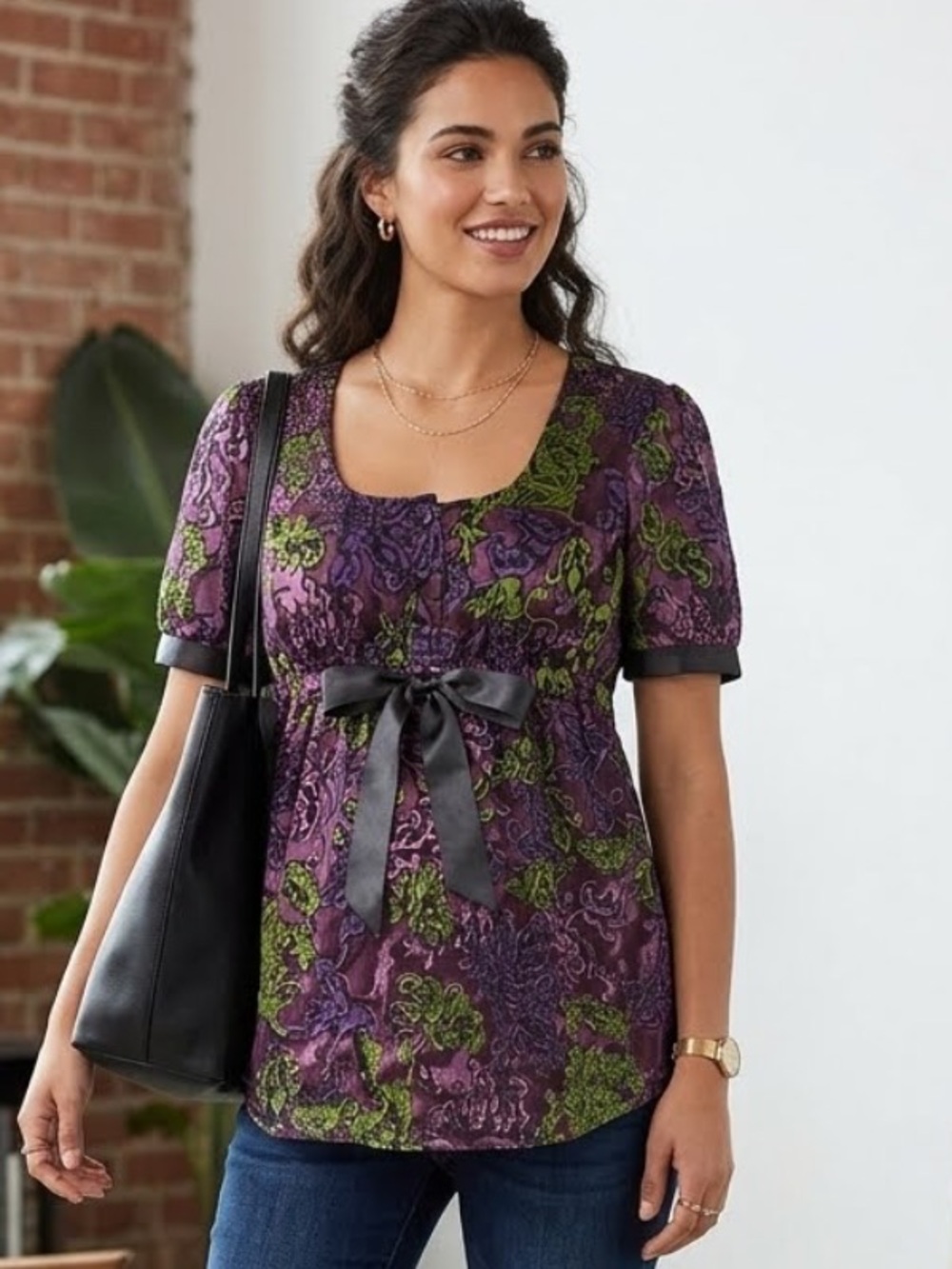 Mimi Maternity Y2K Silk Babydoll Floral Blouse Top Whimsigoth Purple/Green Small